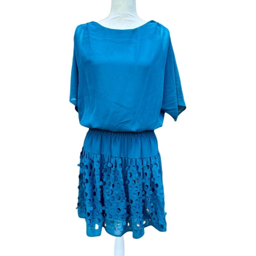 Teal Blue Chiffon Dress Sz 8 Mermaidcore Cold Shoulder Gathered Waist 3D Design